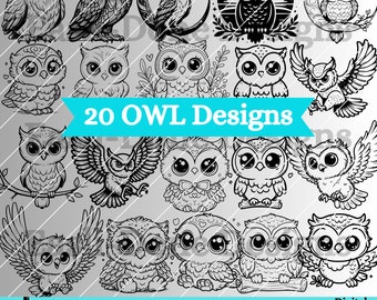 Owl Outline silhouette Bundle 20 svg png pdf and dxf Files Instant Download, cute kawaii baby Owl clipart, cutter and laser cut files