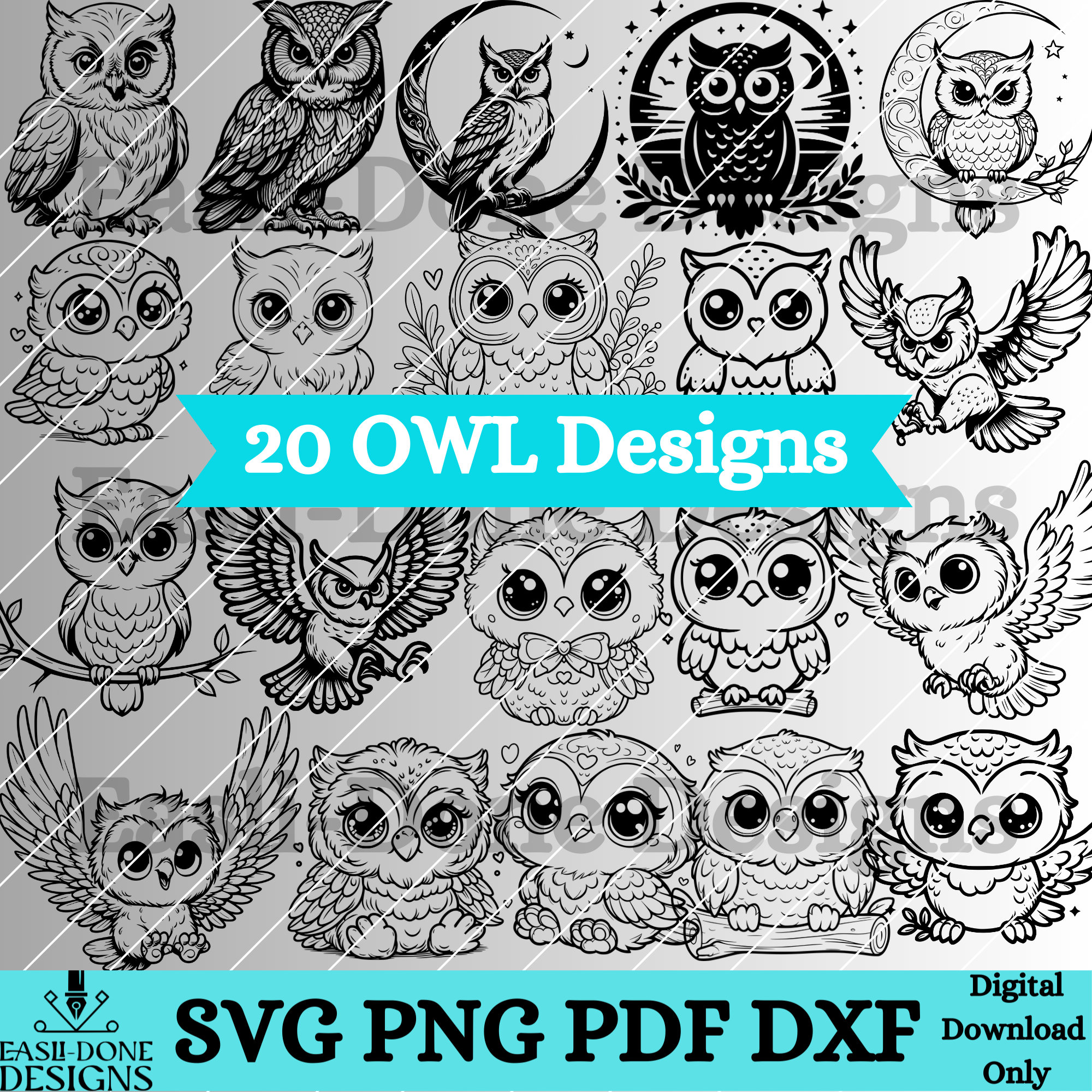 Owl Outline silhouette Bundle 20 svg png pdf and dxf Files Instant Download, cute kawaii baby Owl cl