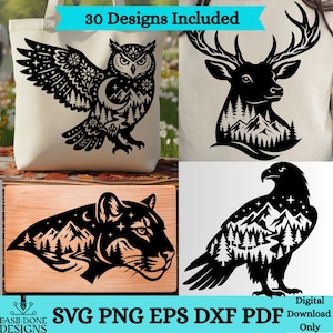 May include: A digital collection of 30 black graphic designs featuring silhouettes of an owl, a deer, a panther, and an eagle, each filled with mountain and forest landscapes. The text 30 Designs Included and SVG PNG EPS DXF PDF Digital Download Only appears.