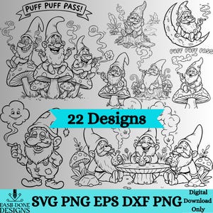 May include: Black and white digital design featuring 22 illustrations of gnomes smoking pipes and cigars. Some gnomes are sitting on mushrooms, and others are on the moon. Text includes "PUFF PUFF PASS!" and "22 Designs."