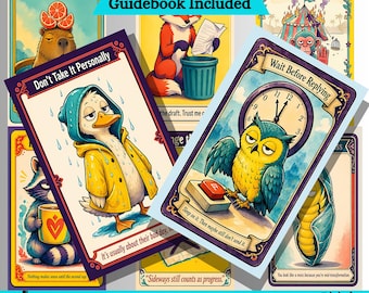 Funny Oracle Card Deck Printable, Sarcastic Grumpy Animals Advice Cards, 36 Oracle Cards Digital Download, Guidebook Included