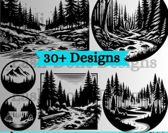 Forest Silhouette SVG Bundle: Mountain, River, Waterfall Designs (Digital Download)