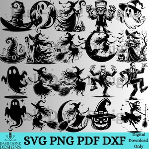 Puede incluir: Una colecci&oacute;n de dise&ntilde;os digitales en blanco y negro con tem&aacute;tica de Halloween. Las im&aacute;genes incluyen brujas en escobas, fantasmas, el monstruo de Frankenstein, sombreros de bruja y una calabaza. El texto en la parte inferior dice "SVG PNG PDF DXF Descarga digital solamente."