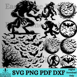 Puede incluir: Dise&ntilde;os de siluetas negras con hombres lobo, murci&eacute;lagos y marcos circulares con motivos de murci&eacute;lagos. La imagen incluye el texto "SVG PNG PDF DXF Digital Download Only". Adecuado para proyectos de Halloween o de tem&aacute;tica g&oacute;tica.