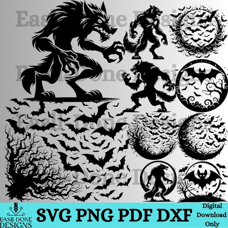 Puede incluir: Dise&ntilde;os de siluetas negras con hombres lobo, murci&eacute;lagos y marcos circulares con motivos de murci&eacute;lagos. La imagen incluye el texto "SVG PNG PDF DXF Digital Download Only". Adecuado para proyectos de Halloween o de tem&aacute;tica g&oacute;tica.