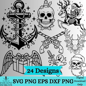 May include: Black and white digital designs featuring an anchor with lights, a skull ornament, a skeleton riding a reindeer, crossed pistols, a deer skull, a gift box with wings, a gingerbread man with a knife, and a Santa skull. The image includes the text "24 Designs".