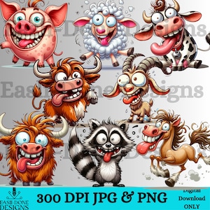 Diseño de sublimación DTF de animales de granja divertidos y locos PNG y JPG 8 Paquete de imágenes prediseñadas digitales de animales de granja divertidos y locos para crear vacas de las tierras altas