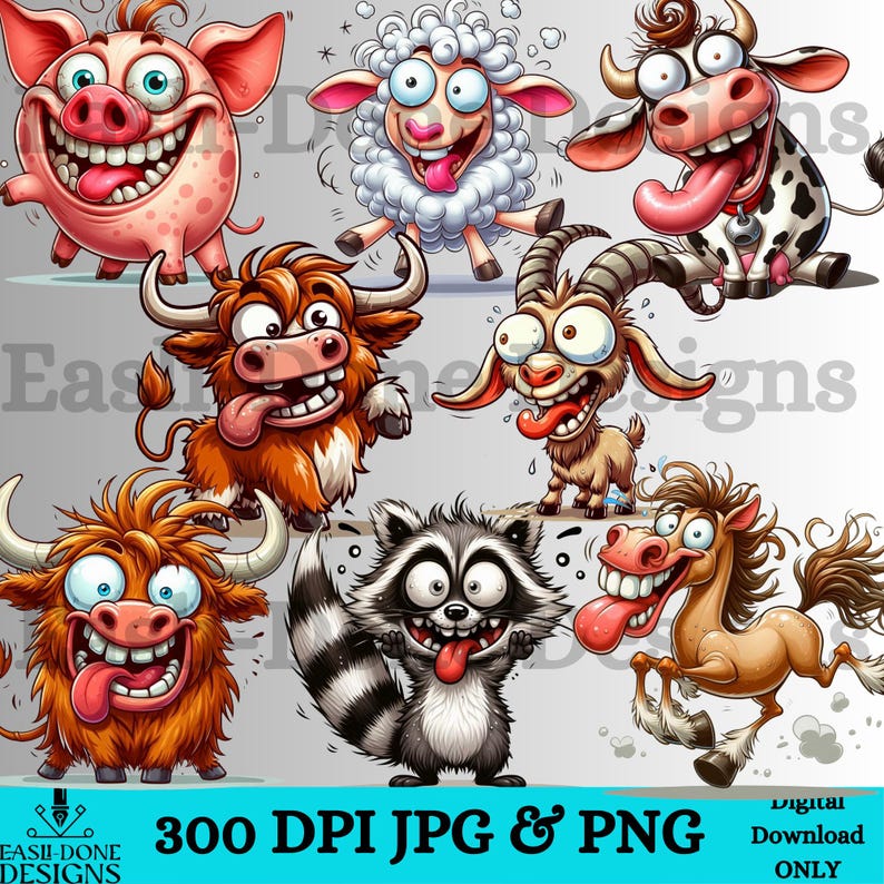 May include: A set of 8 cartoon animal illustrations with funny expressions. The animals include a pig, sheep, cow, bull, goat, raccoon, and horse. The illustrations are in a bright, colorful style and are perfect for use in a variety of projects.