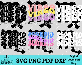 May include: A digital download of two retro-style zodiac signs, Virgo and Scorpio. The signs are in black, white, pink, blue, and yellow. The text "SVG PNG PDF DXF" is at the bottom of the image.