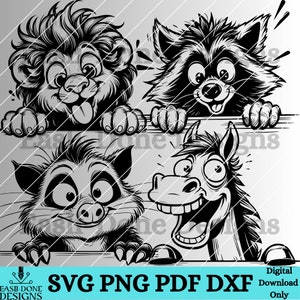 May include: Black and white digital illustration of four cartoon animals peeking over a wooden surface. The animals include a lion, a raccoon, a cat, and a horse. Each animal has a surprised or silly expression on its face.