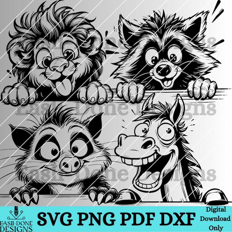 May include: Black and white digital illustration of four cartoon animals peeking over a wooden surface. The animals include a lion, a raccoon, a cat, and a horse. Each animal has a surprised or silly expression on its face.