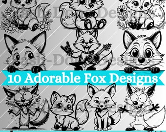 Fox SVG PNG pdf and dxf Files Instant Download Bundle 10 Cute Animal Design kawaii Fox clipart cutter and laser cut file Wildlife outline