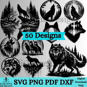 May include: A collection of 50 black and white wolf silhouette designs. The designs feature wolves howling, standing, and walking in various poses. The designs are perfect for use in crafting, scrapbooking, and other creative projects.  SVG PNG PDF DXF Digital Download Only.