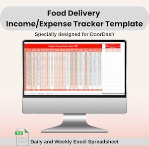 Op de afbeelding: Een computermonitor toont een spreadsheet met de titel "DoorDash Income/Expense Sheet 2025". Het scherm toont een raster van gegevens met rode en witte cellen. Bovenin staat de tekst "Food Delivery Income/Expense Tracker Template". Daaronder een Excel-bestandspictogram en de tekst "Daily and Weekly Excel Spreadsheet."