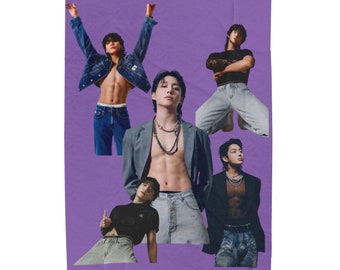 May include: A collage of five men wearing denim jackets, shirts, and jeans. The background is a solid purple color.
