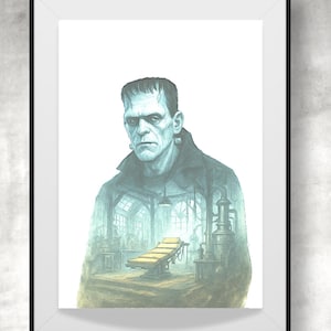 Frankenstein&#39;s Monster Wall Art Printable - Classic Horror Illustration - Dark Fantasy Digital Download, Gothic Horror Poster