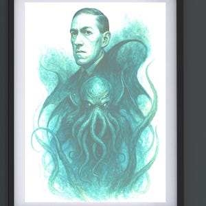 H.P. Lovecraft & Cthulhu Kunstdruck - Dark Academia Gothic Wandkunst, Cosmic Horror Poster, Vintage H.P. Lovecraft Dekor