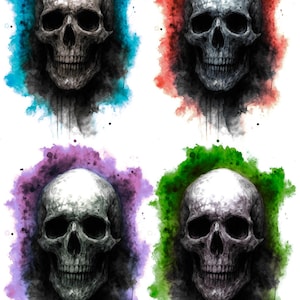 4 Watercolour Skull Art Print - Gothic Digital Download - Dark Wall Decor - Modern Macabre Skeleton Poster - Skull Art