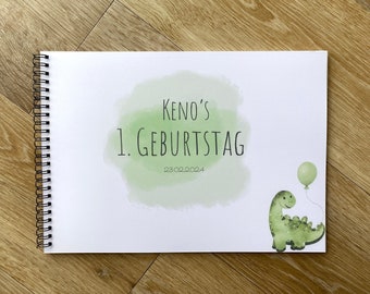 Gästebuch 1. Geburtstag personalisiert Dino Kinderparty Geschenk Polaroid Bild selber Ausfüllen DIN A4 Querformat Ringbuch Kind grün
