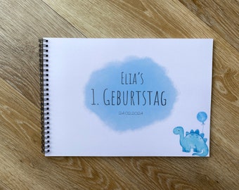 Gästebuch 1. Geburtstag personalisiert Dino Kinderparty Geschenk Polaroid Bild selber Ausfüllen DIN A4 Querformat Ringbuch Kind blau