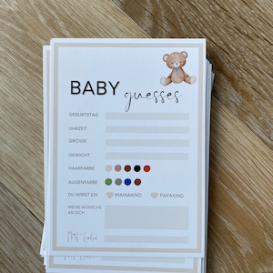 Babyparty Gästekarten für ein Ratespiel Quiz Babyshower Gästebuch personalisiert Teddy beige Spiel