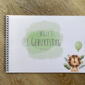 Guest book 1st birthday personalized baby lion children's party gift game polaroid picture fill out yourself green DIN A4 landscape format wild one