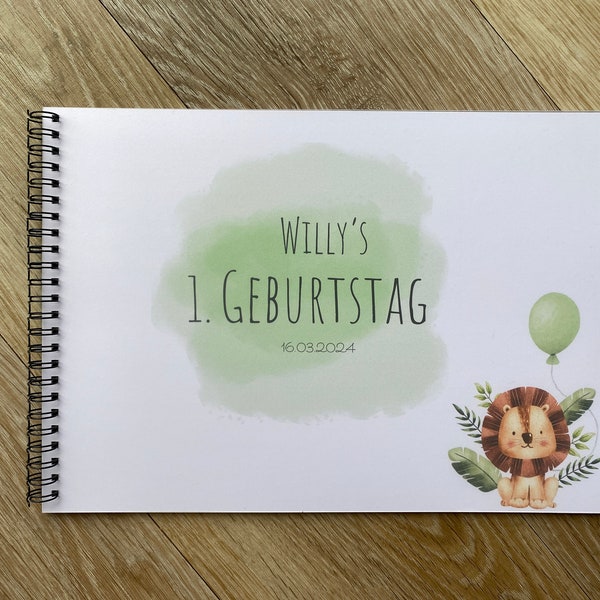 Gästebuch 1. Geburtstag personalisiert Baby Löwe Kinderparty Geschenk Spiel Polaroid Bild selber Ausfüllen grün DIN A4 Querformat wild one