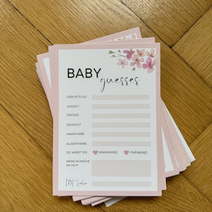Babyparty Gästekarten für ein Ratespiel Quiz Babyshower Gästebuch personalisiert Rosa Pink Spiel