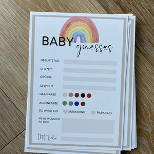 Babyparty Gästekarten für ein Ratespiel Quiz Babyshower Gästebuch personalisiert Regenbogen bunt beige Spiel