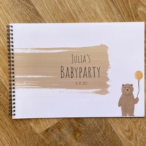 Personalized guest book for baby shower with teddy bear, stick in a polaroid picture & answer questions, nice memory in DIN A4 landscape format