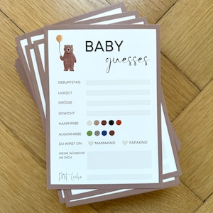 Babyparty Gästekarten für ein Ratespiel Quiz Babyshower Gästebuch personalisiert Teddy Bär braun beige Spiel