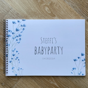 Babyparty Gästebuch personalisiert Babyshower Baby Dekoration DIN A4 Querformat Geschenk Spiel Buch Polaroidbild ausfüllen Spaß Party blau