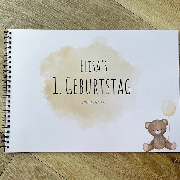 Gästebuch 1. Geburtstag personalisiert Baby Teddy Bär Kinderparty Geschenk Spiel Polaroid Bild selber Ausfüllen DIN A4 Querformat Ringbuch