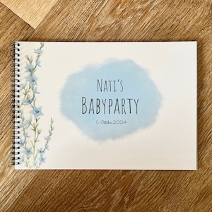Babyparty Gästebuch personalisiert Babyshower Baby Dekoration DIN A4 Querformat Geschenk Spiel Buch Polaroidbild ausfüllen Spaß Party blau