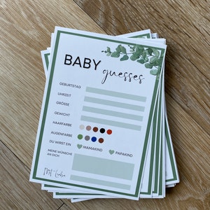 Babyparty Gästekarten für ein Ratespiel Quiz Babyshower Gästebuch personalisiert grün Spiel