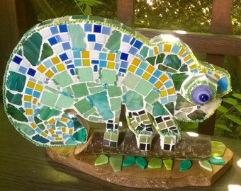 Außergewöhnliche, handgefertigte Mosaikfigur "Chamäleon", Unikat