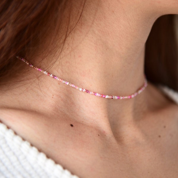 MARGUERITE - Dreamy Multi Pinks Boheme Beaded Choker - Stretchy Choker - Single Strand and Double Wrap Choker Options - Glass Beaded Necklac