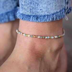 Sandpiper - Classic Turquoise and Neutrals Boho Beaded Anklet - Limited Edition Single Strand Anklet - Dainty Beach Anklet - Japanese Glass