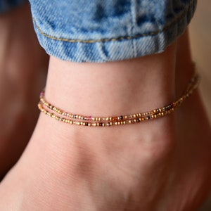 STARDUST - Gold Luster Beaded Anklet - Double Wrap Anklet - Stretchy Anklet - Anklets for Women - Czech Glass Beads - Dainty Bohemian Anklet