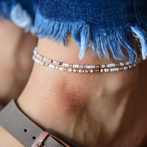 CELESTE - Lovely White, Copper and Gold Boho Beaded Anklet - Nuetral Double-Wrap Anklet - Dainty Stretchy Anklet - Minimalist Anklet