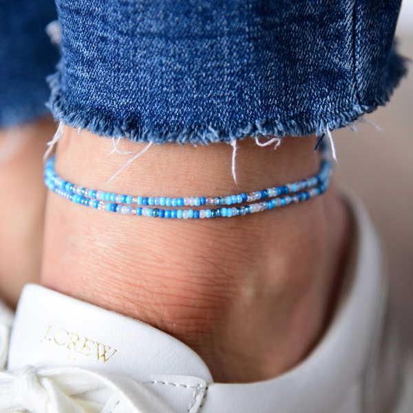 MORNING GLORY - Sky Blue Lustrous Boheme Anklet - Double Wrap Ankle Bracelet - Stretchy Summer Anklet - Beaded Ankle Bracelet - Glass Beads