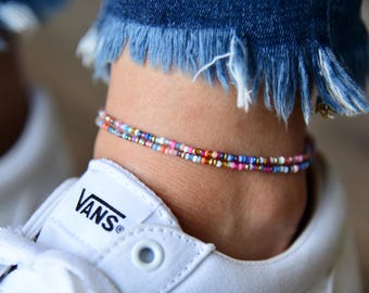 Waterlilies - Dainty and Bright Shades of Pastel Ankle Bracelet - Double-Wrap Stretchy Anklet - Czech Seed Bead(11/0) Anklet
