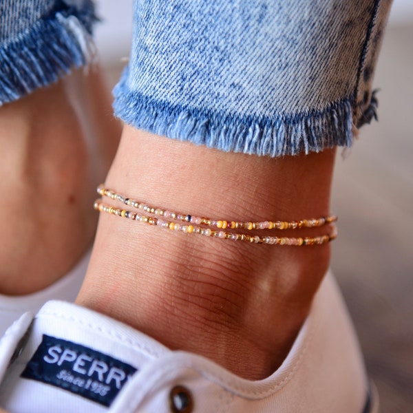 AMBER LILY - Delicate Yellow, Peach & Gold Shades Beaded Anklet - Stretchy Double Wrap Anklet - Dainty Bohemian Ankle Bracelet - Czech Glass