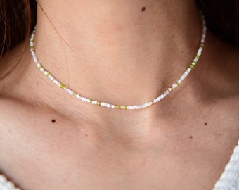 SEA JADE - Dainty Subtle White, Green and Gold Necklace - Single Strand or Double Wrap Choker Options - Dainty Czech Glass Beaded Necklace
