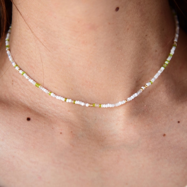 SEA JADE - Dainty Subtle White, Green and Gold Necklace - Single Strand or Double Wrap Choker Options - Dainty Czech Glass Beaded Necklace