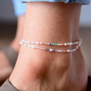 DREAM - Subtle Crystal, White and Colors Delicate Beaded Anklet - Double Wrap Bohemian Anklet - Stretchy Ankle Bracelet - Czech Glass Beads
