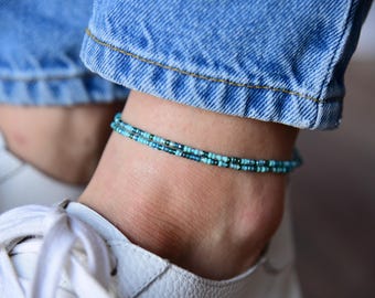 Sea and Stars - Turquoise Shades with Hints of Sparkle Stretchy Anklet - Double-Wrap Ankle Bracelet - Petite Seed Beads (11/0)