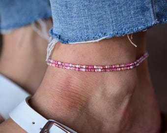 MARGUERITE - Boho Pinks Beaded Anklet - Double Wrap Anklet - Stretchy Ankle Bracelet - Dainty Anklet - Bohemian Anklet - Czech Glass Beads