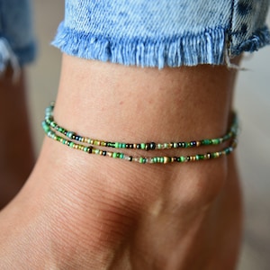 EDEN - Deep Shimmer Greens and Gold Beaded Anklet - Stretchy Double Wrap Ankle Bracelet - Dainty Bohemian Anklet - Czech Glass Beads