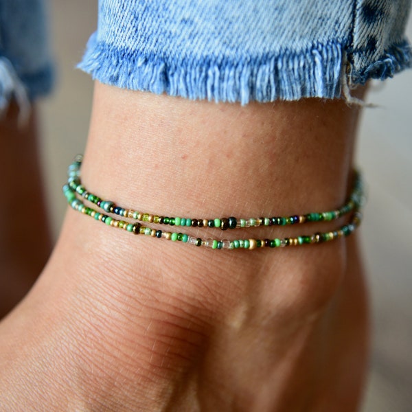 EDEN - Deep Shimmer Greens and Gold Beaded Anklet - Stretchy Double Wrap Ankle Bracelet - Dainty Bohemian Anklet - Czech Glass Beads